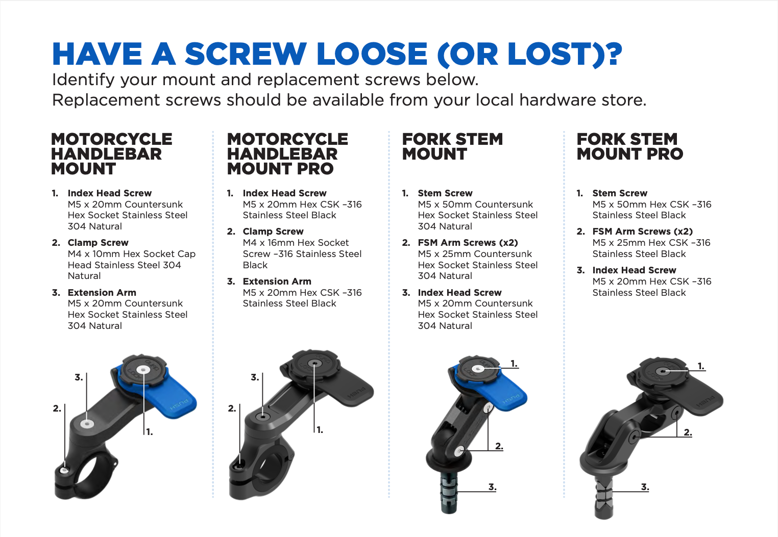 Screws, front plates and spare parts for stems